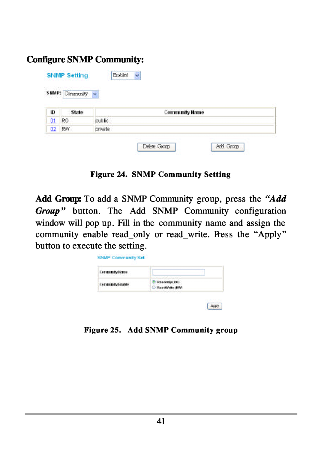 D-Link DES-1526 manual Configure SNMP Community, SNMP Community Setting, Add SNMP Community group 