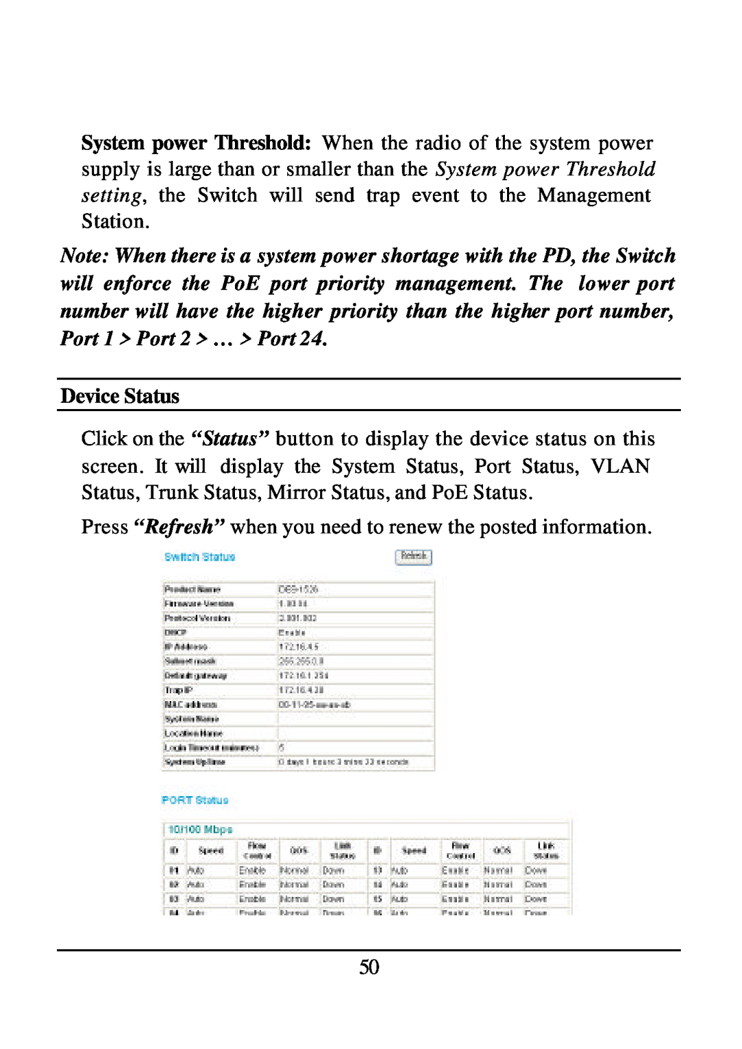 D-Link DES-1526 manual Device Status 