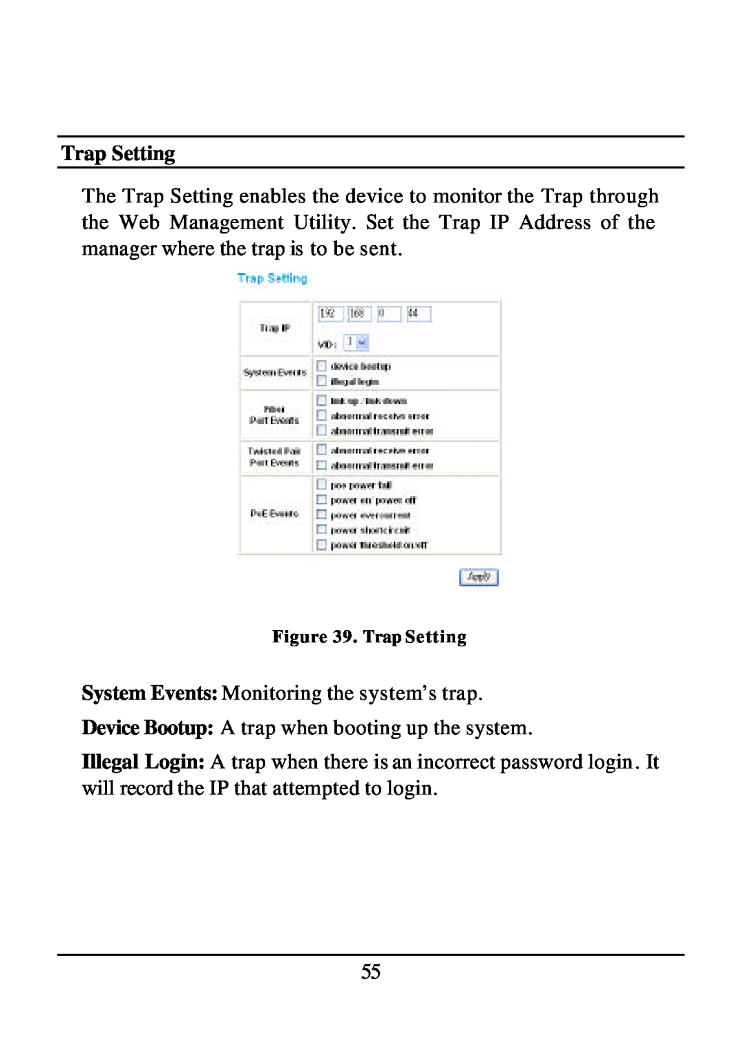 D-Link DES-1526 Trap Setting, System Events Monitoring the system’s trap, Device Bootup A trap when booting up the system 