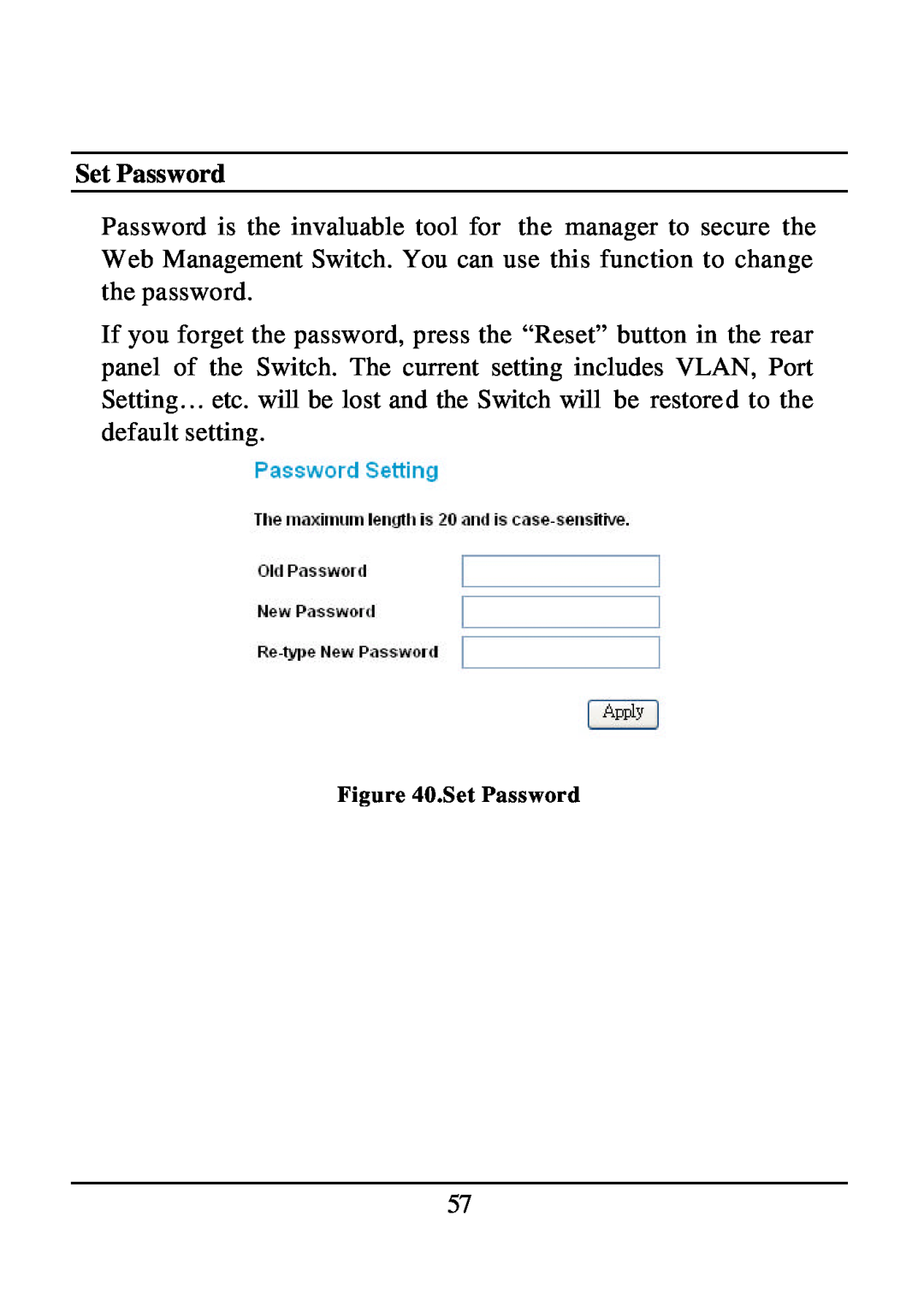 D-Link DES-1526 manual Set Password 