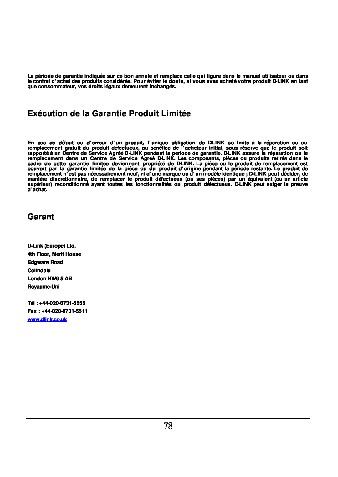 D-Link DES-1526 manual Exécution de la Garantie Produit Limitée 