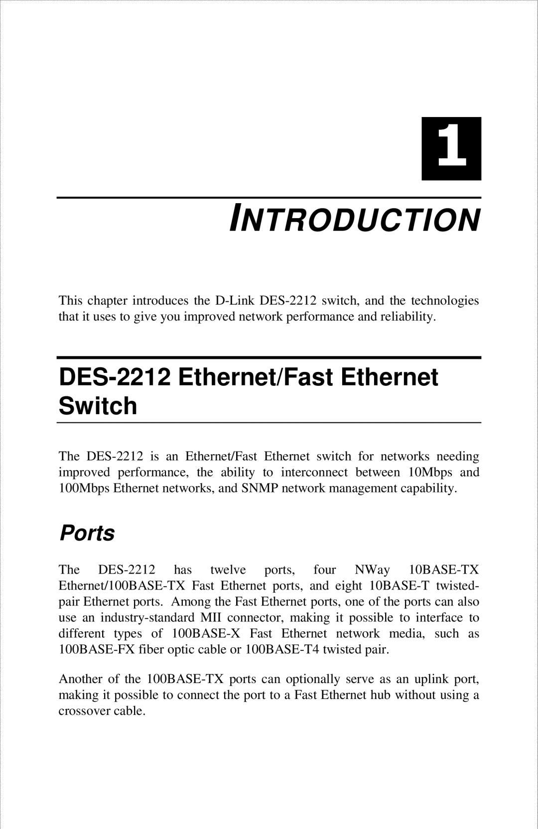 D-Link manual Introduction, DES-2212 Ethernet/Fast Ethernet Switch, Ports 