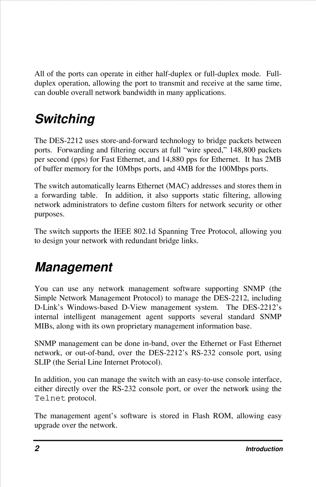 D-Link DES-2212 manual Switching, Management 