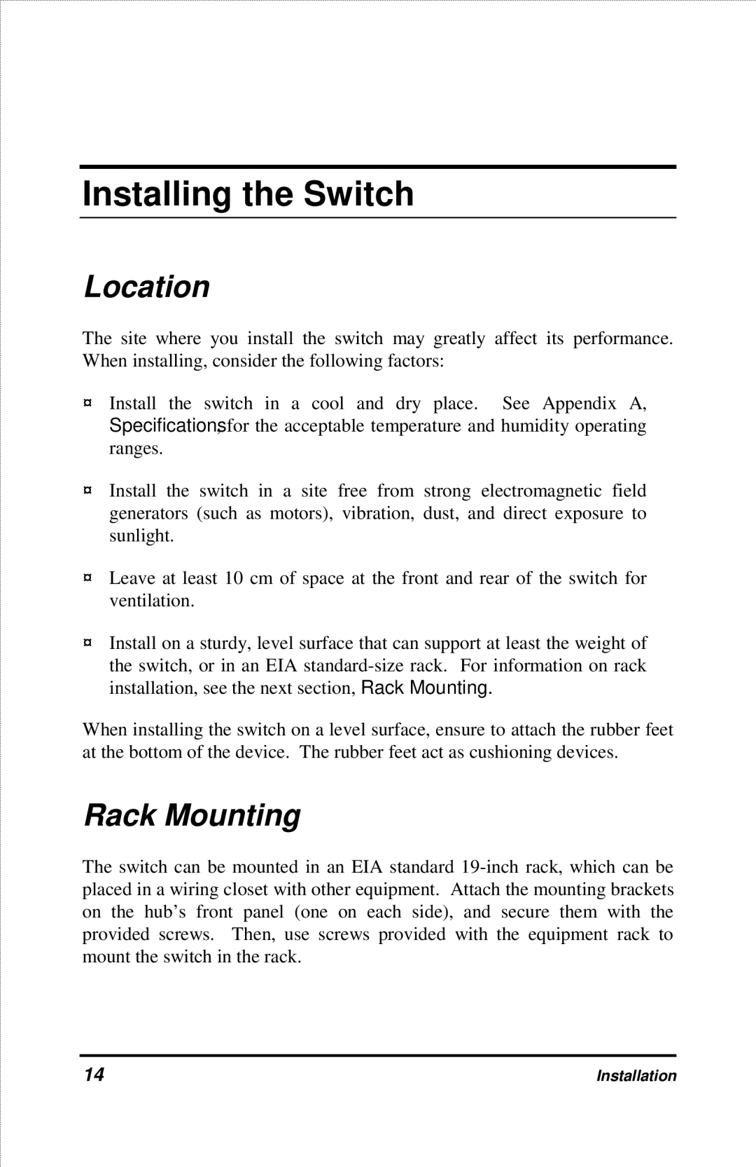 D-Link DES-2212 manual Installing the Switch, Location, Rack Mounting 