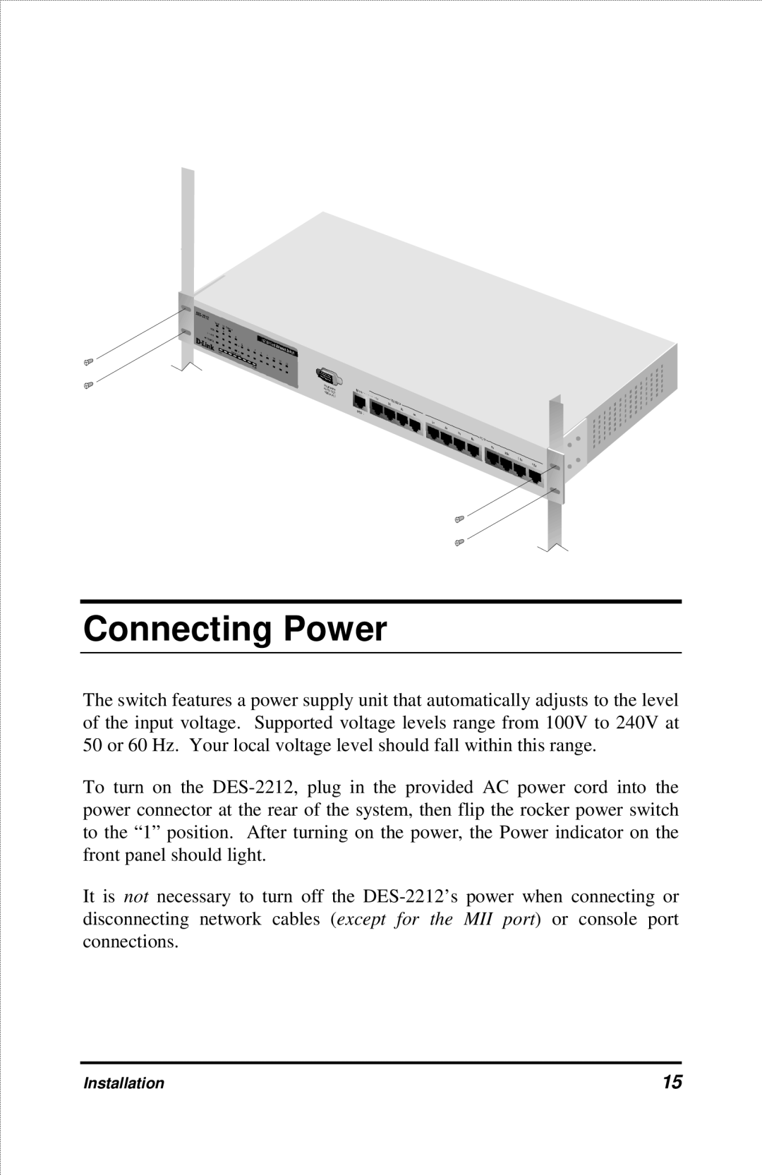 D-Link DES-2212 manual Connecting Power 