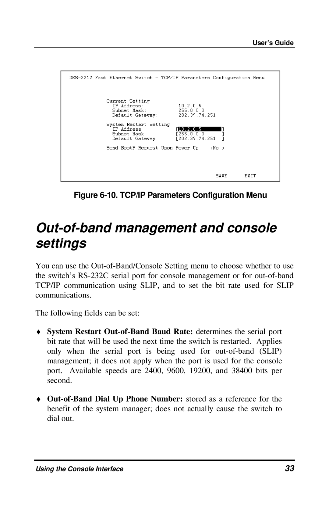 D-Link DES-2212 manual Out-of-band management and console settings, TCP/IP Parameters Configuration Menu 