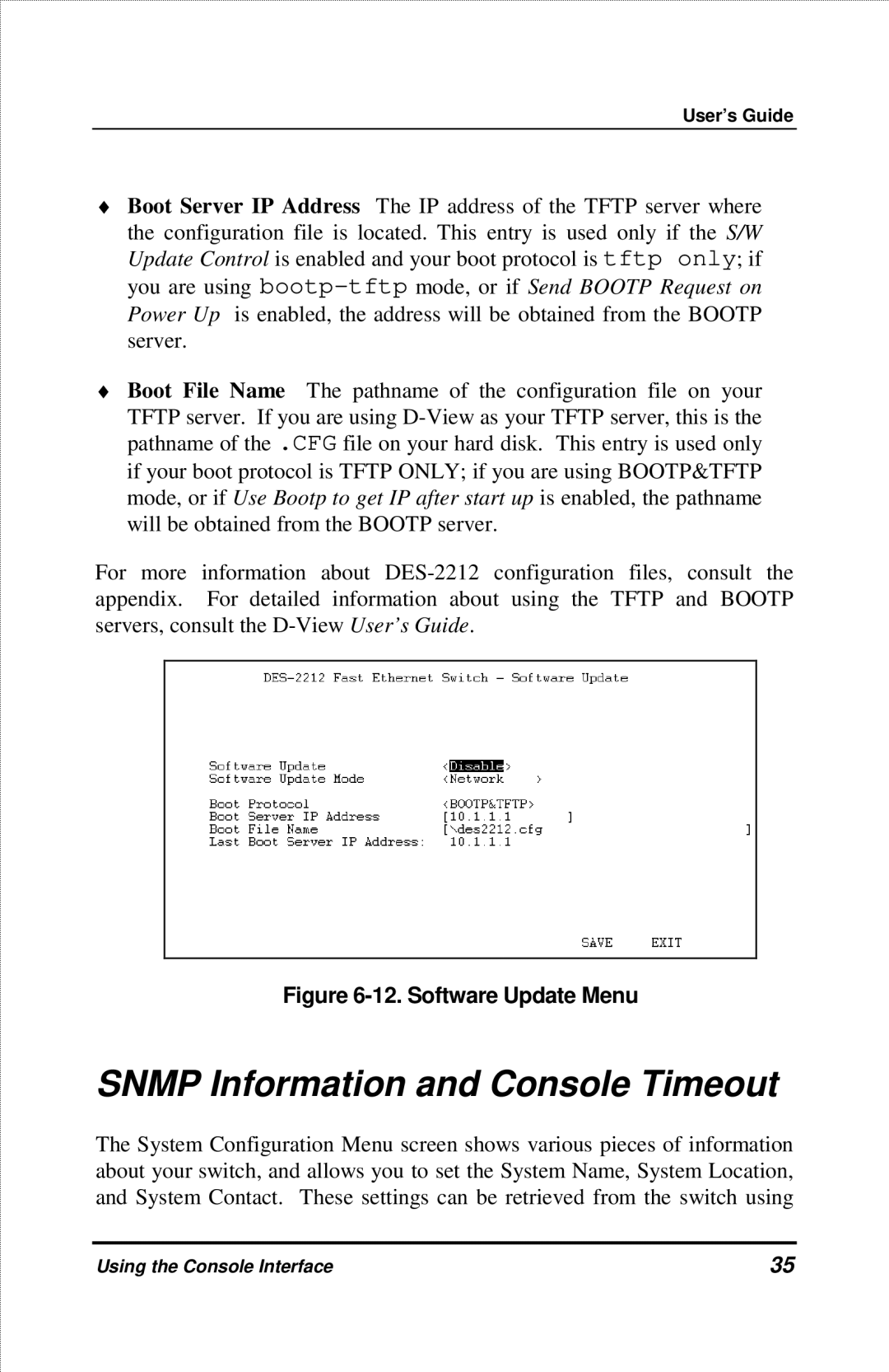 D-Link DES-2212 manual Snmp Information and Console Timeout, Software Update Menu 