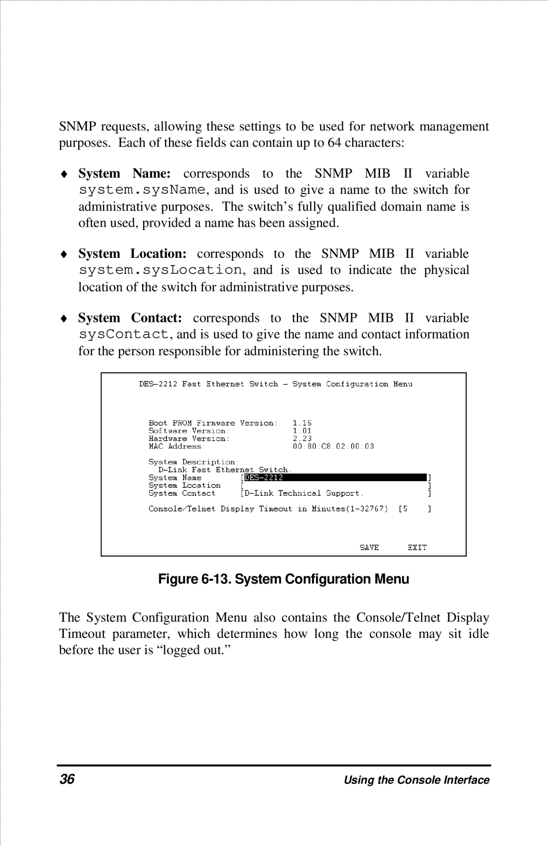 D-Link DES-2212 manual System Configuration Menu 