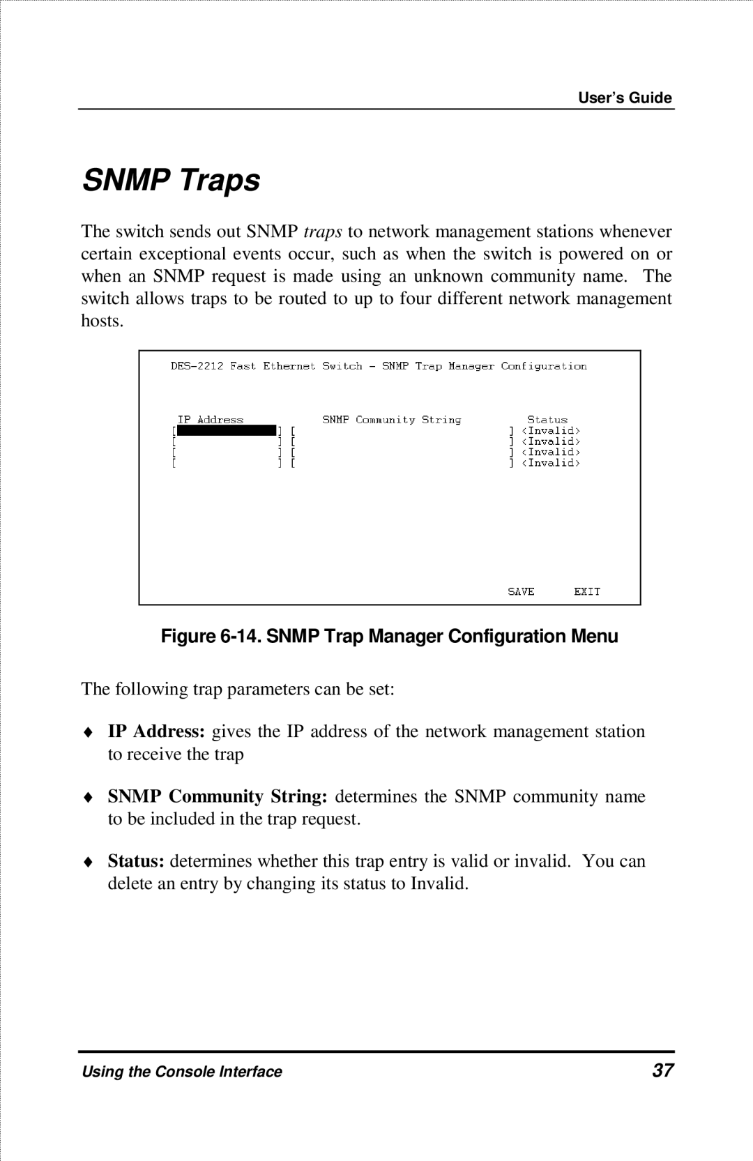 D-Link DES-2212 manual Snmp Traps, Snmp Trap Manager Configuration Menu 