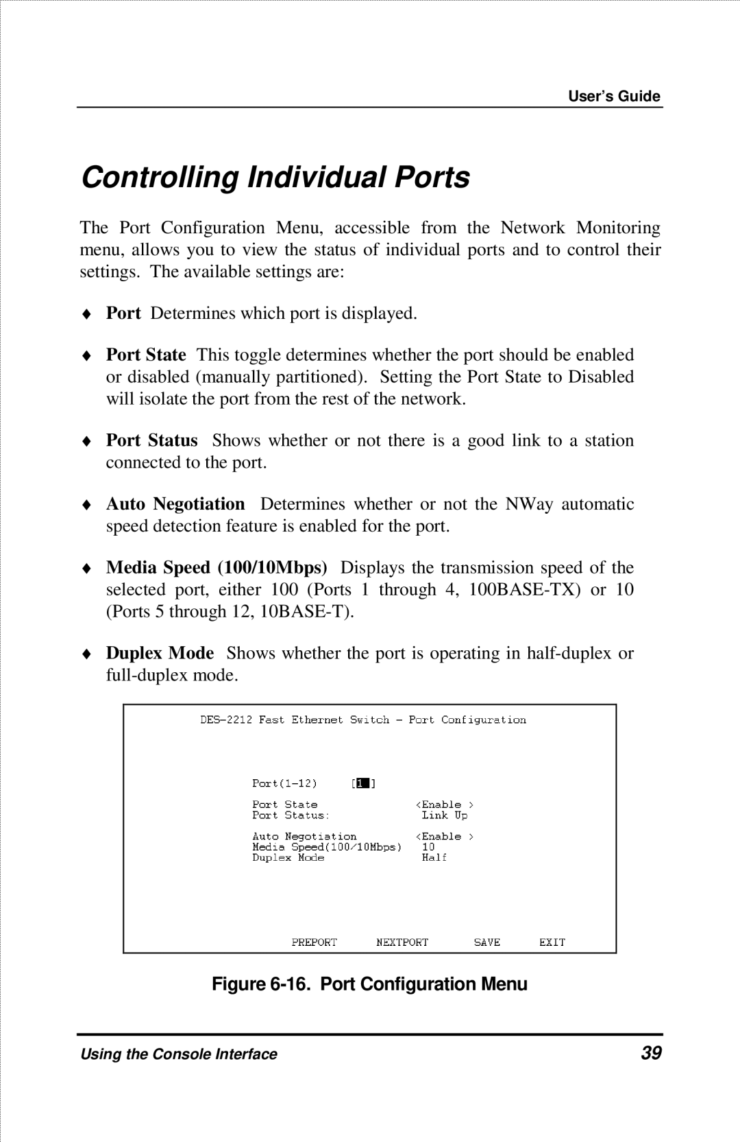 D-Link DES-2212 manual Controlling Individual Ports, Port Configuration Menu 