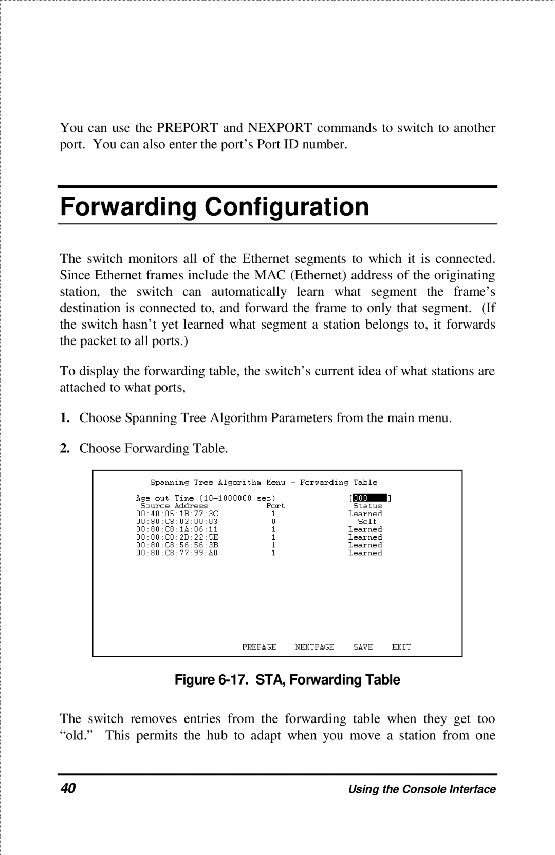 D-Link DES-2212 manual Forwarding Configuration, STA, Forwarding Table 