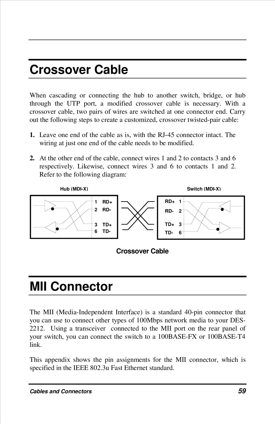 D-Link DES-2212 manual Crossover Cable, MII Connector 