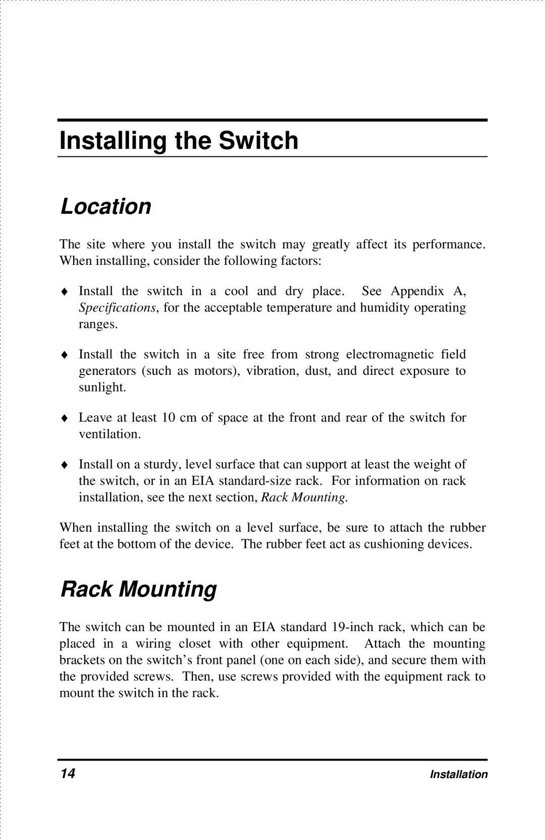 D-Link DES-2218 manual Installing the Switch, Location, Rack Mounting 