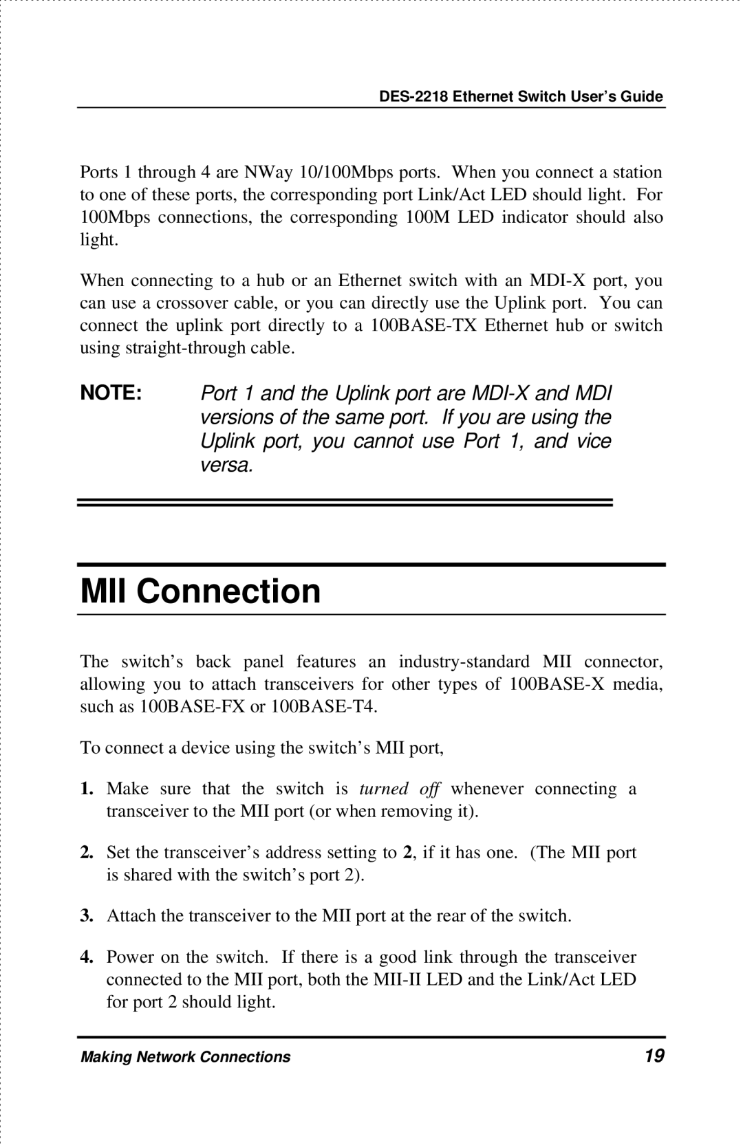 D-Link DES-2218 manual MII Connection 