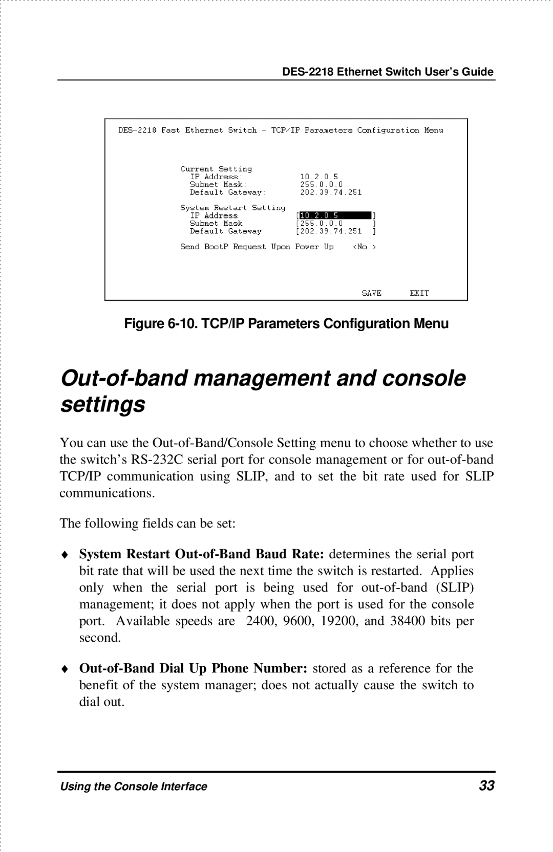 D-Link DES-2218 manual Out-of-band management and console settings, TCP/IP Parameters Configuration Menu 