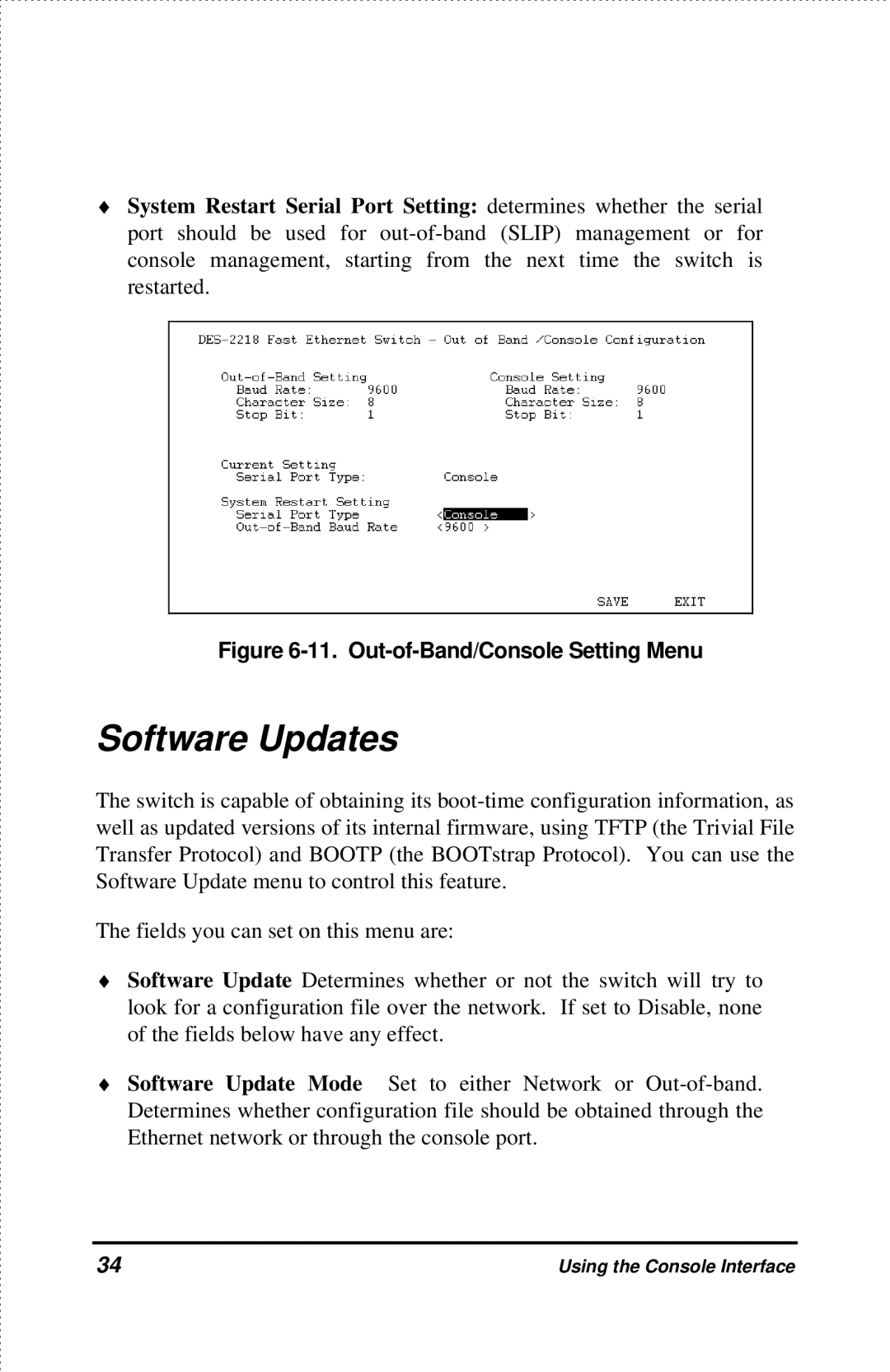 D-Link DES-2218 manual Software Updates, Out-of-Band/Console Setting Menu 