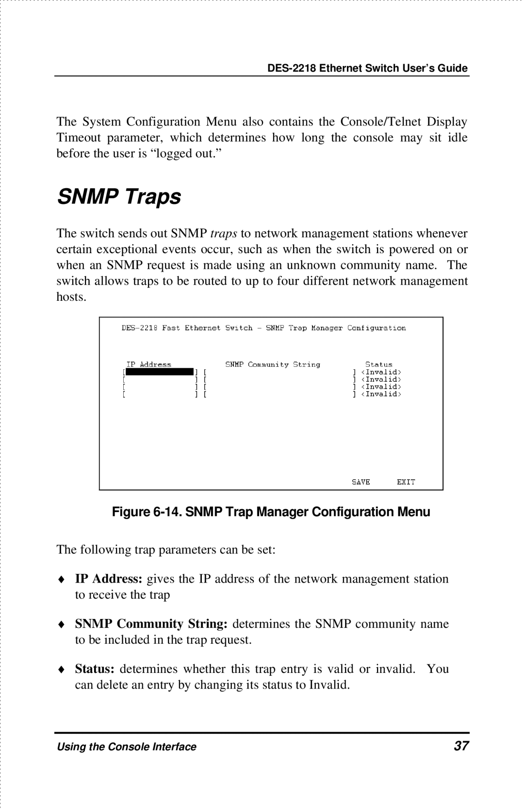 D-Link DES-2218 manual Snmp Traps, Snmp Trap Manager Configuration Menu 