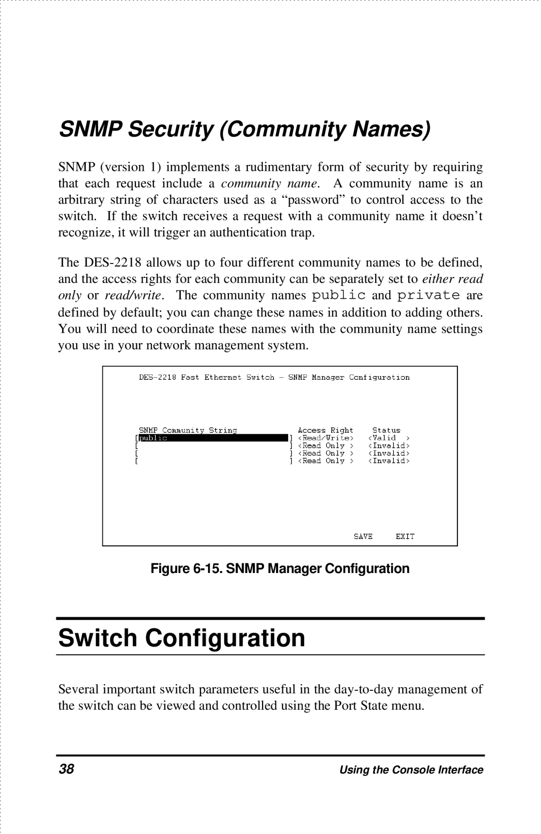 D-Link DES-2218 manual Switch Configuration, Snmp Security Community Names 