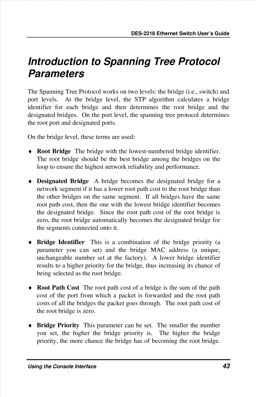 D-Link DES-2218 manual Introduction to Spanning Tree Protocol Parameters 