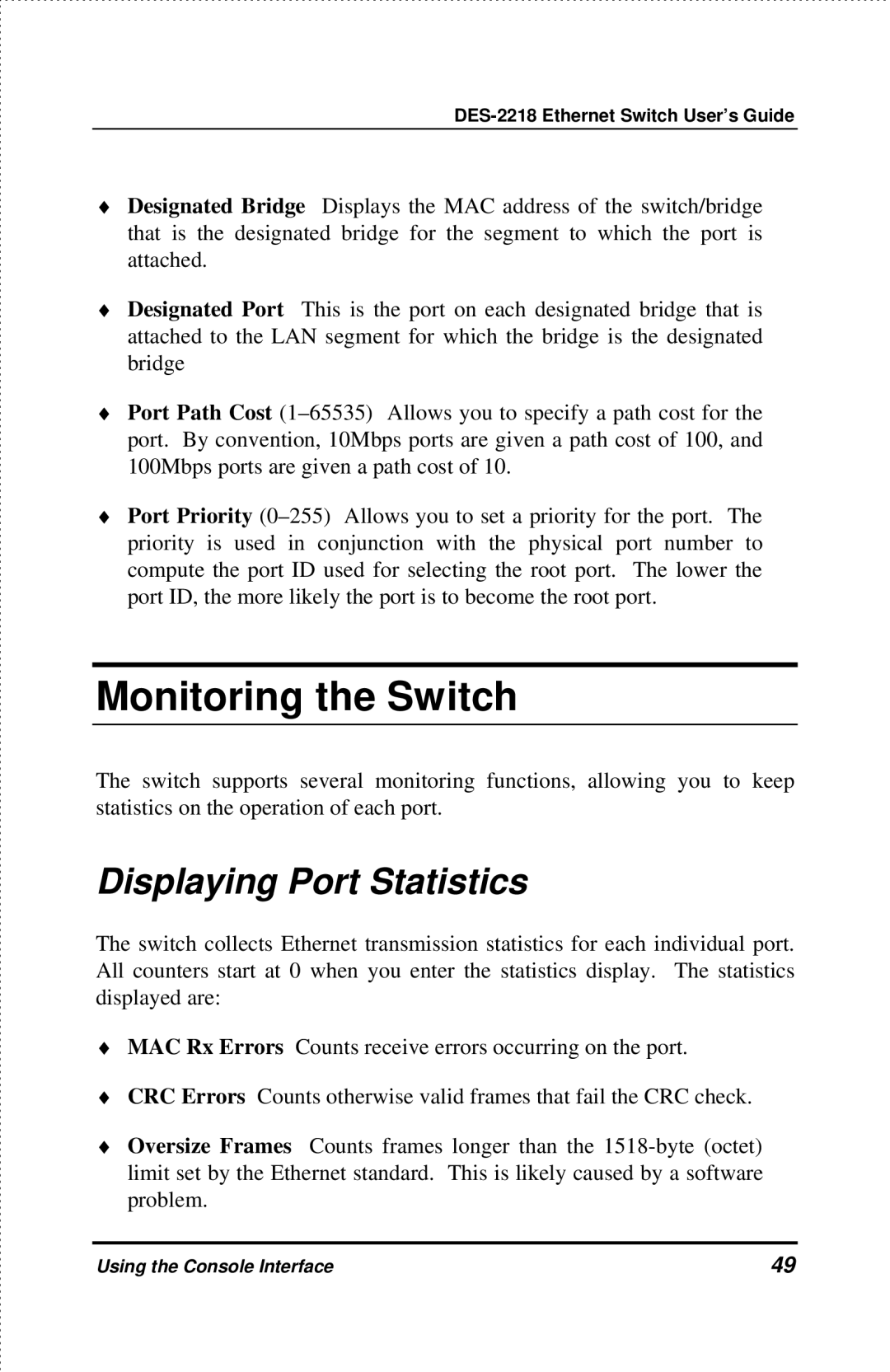 D-Link DES-2218 manual Monitoring the Switch, Displaying Port Statistics 