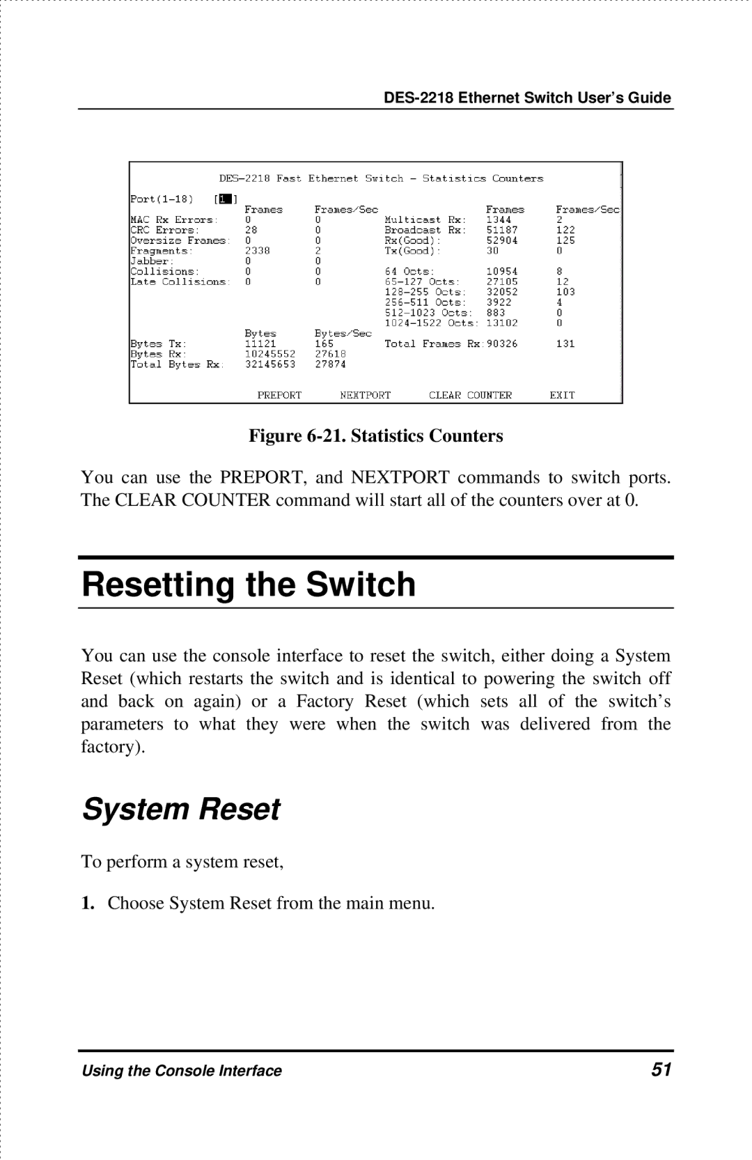 D-Link DES-2218 manual Resetting the Switch, System Reset 