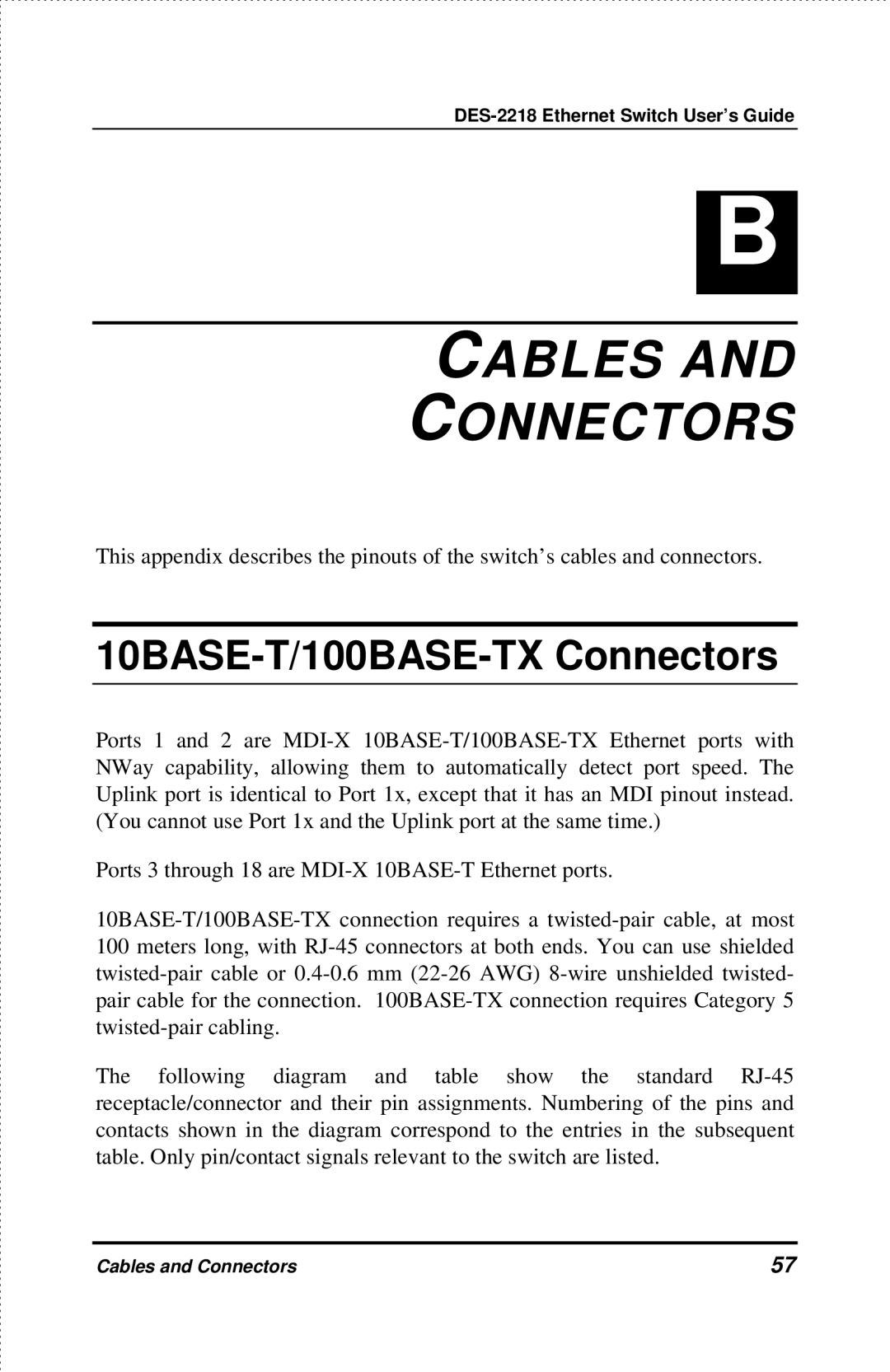 D-Link DES-2218 manual Cables and Connectors, 10BASE-T/100BASE-TX Connectors 