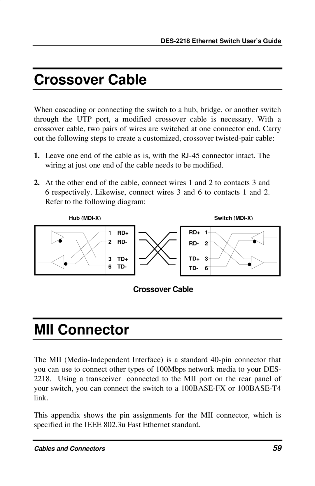 D-Link DES-2218 manual Crossover Cable, MII Connector 