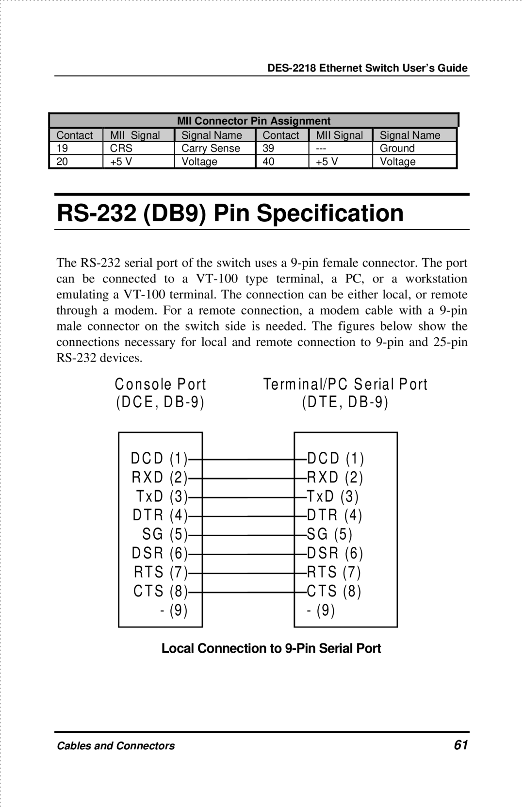 D-Link DES-2218 manual RS-232 DB9 Pin Specification, E , D B 