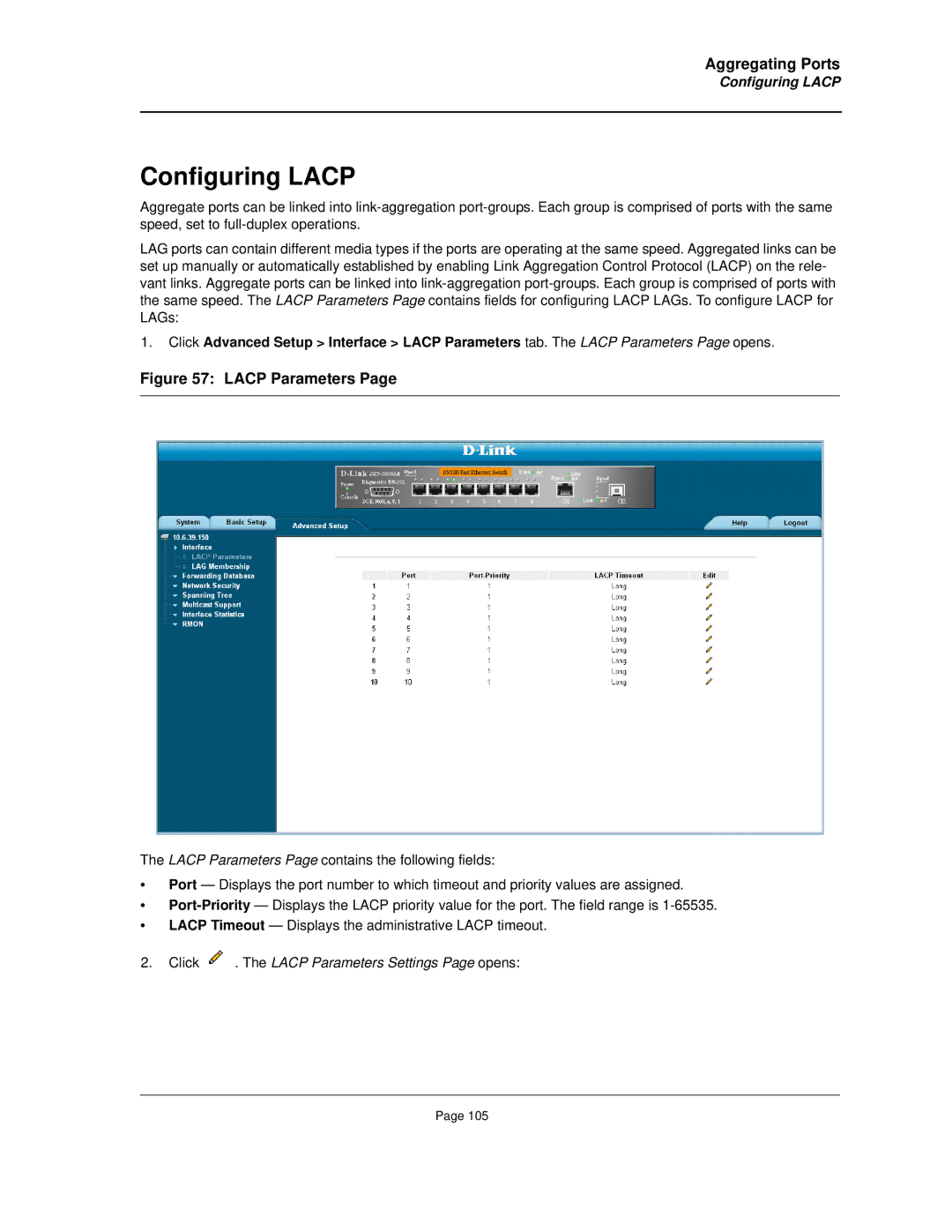 D-Link DES-3010FA/GA manual Configuring Lacp, Lacp Parameters 