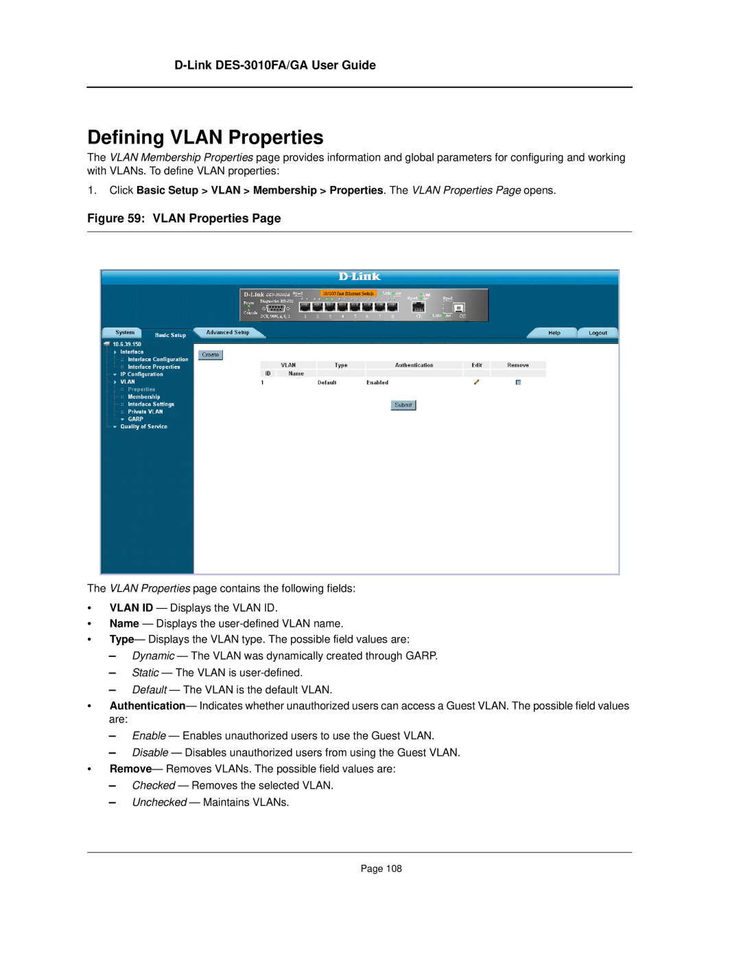 D-Link DES-3010FA/GA manual Defining Vlan Properties 