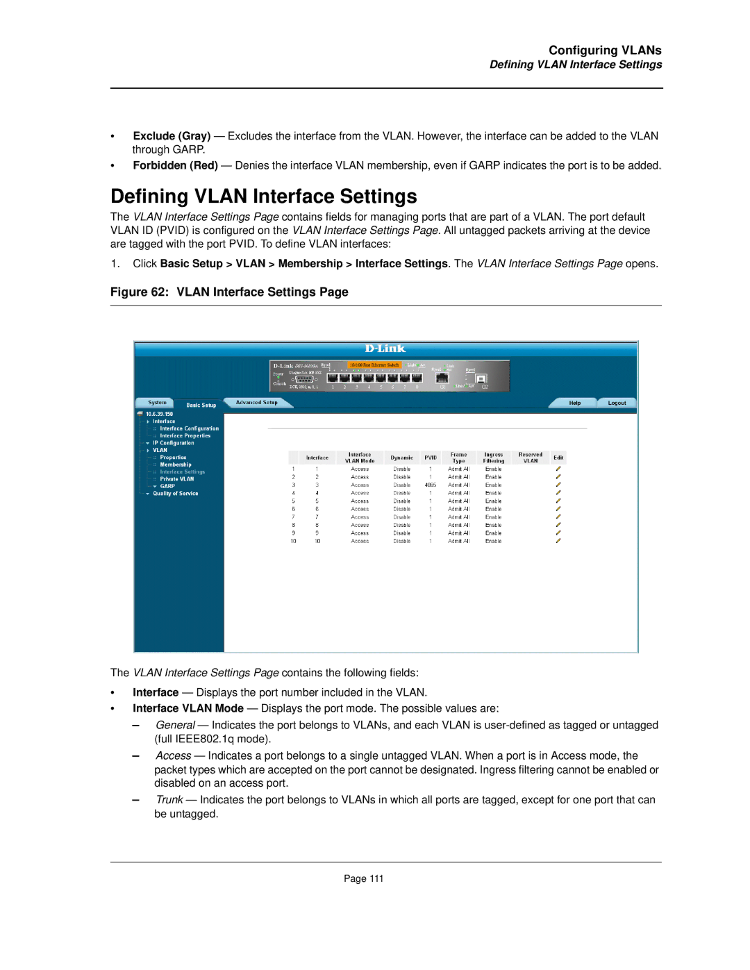 D-Link DES-3010FA/GA manual Defining Vlan Interface Settings 