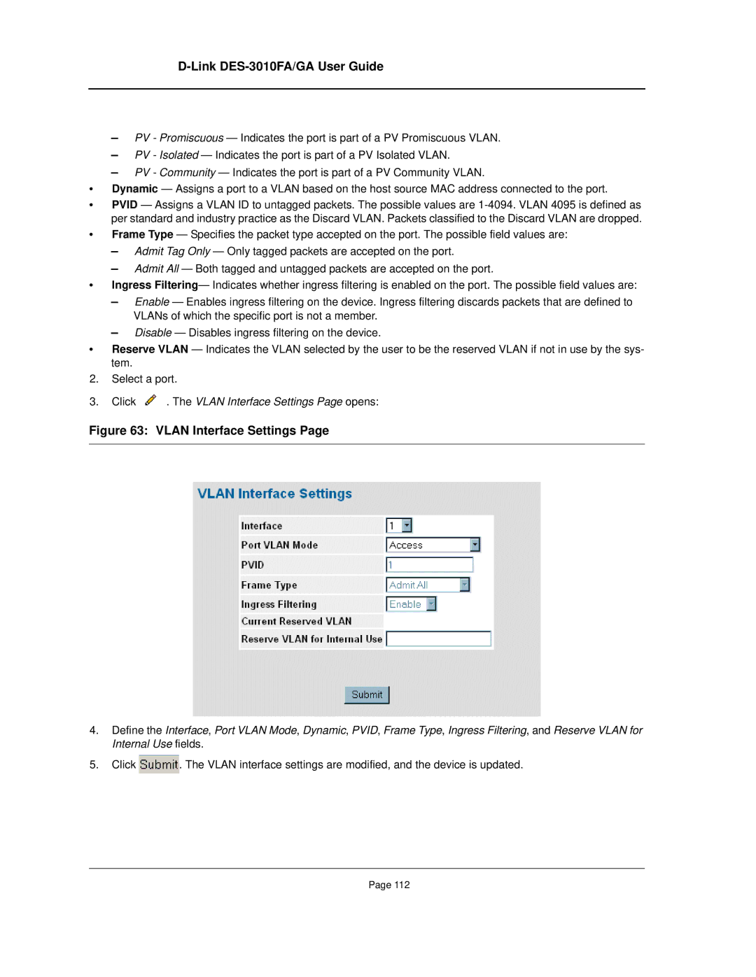 D-Link DES-3010FA/GA manual Click . The Vlan Interface Settings Page opens 