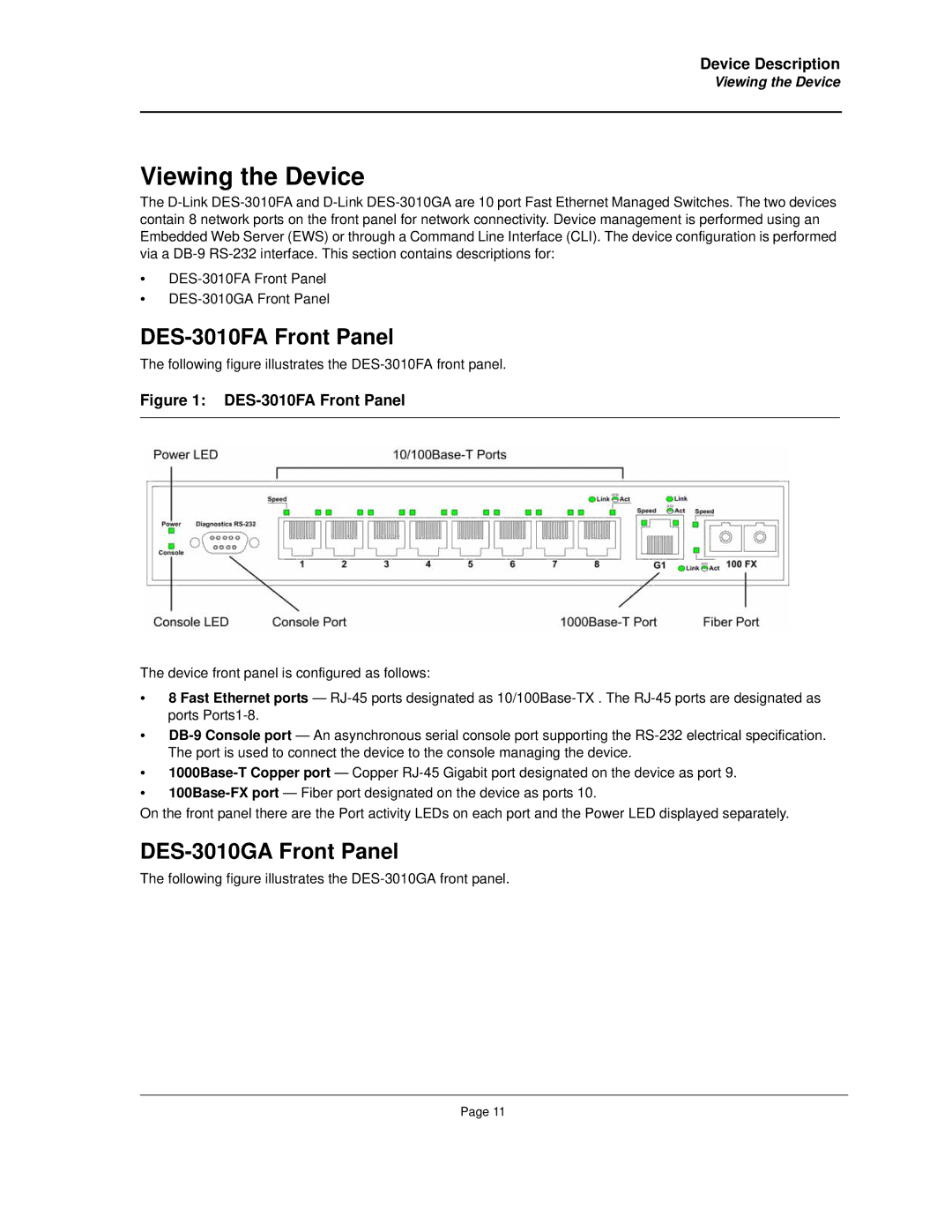 D-Link DES-3010FA/GA manual Viewing the Device, DES-3010FA Front Panel, DES-3010GA Front Panel 