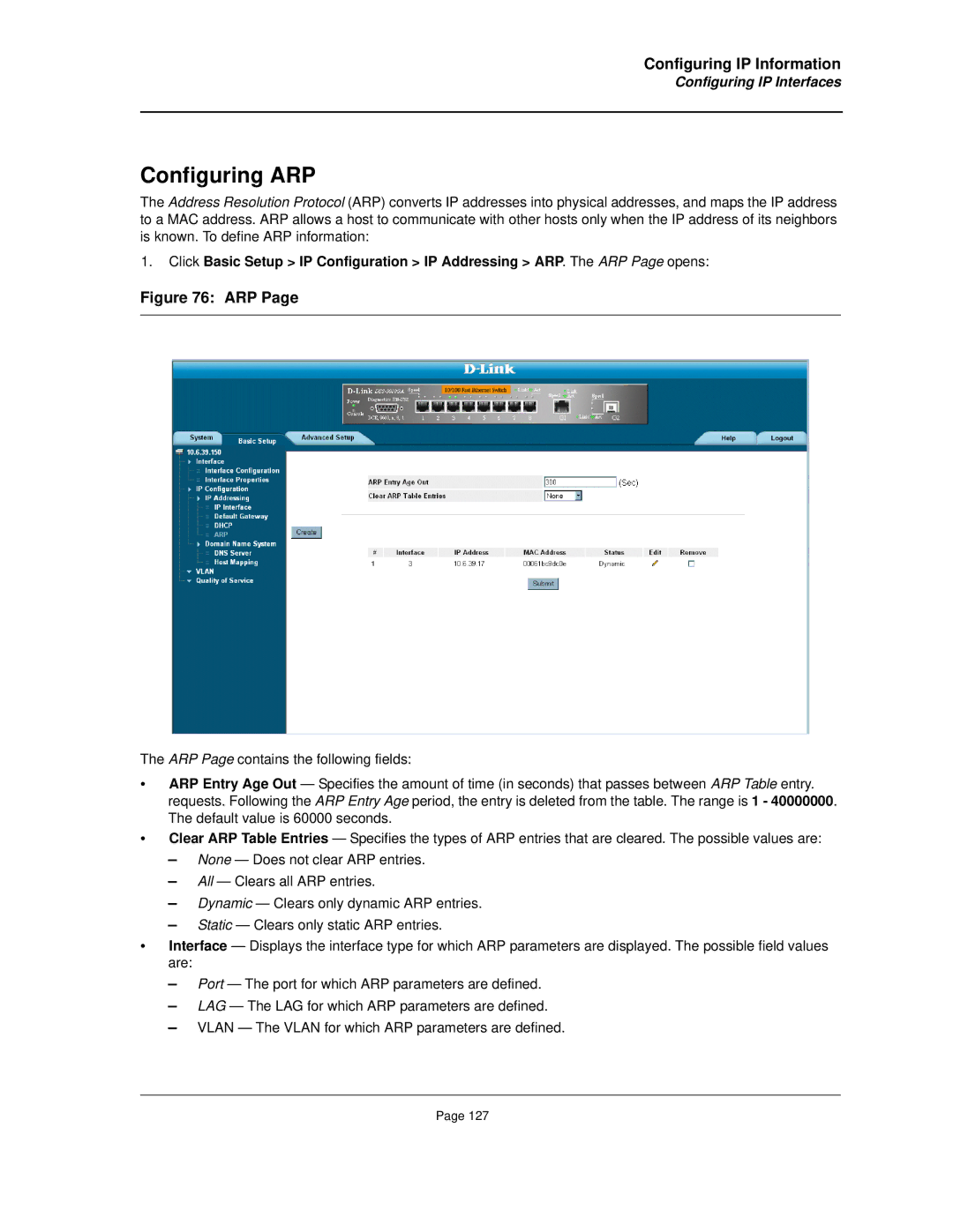 D-Link DES-3010FA/GA manual Configuring ARP, Arp 