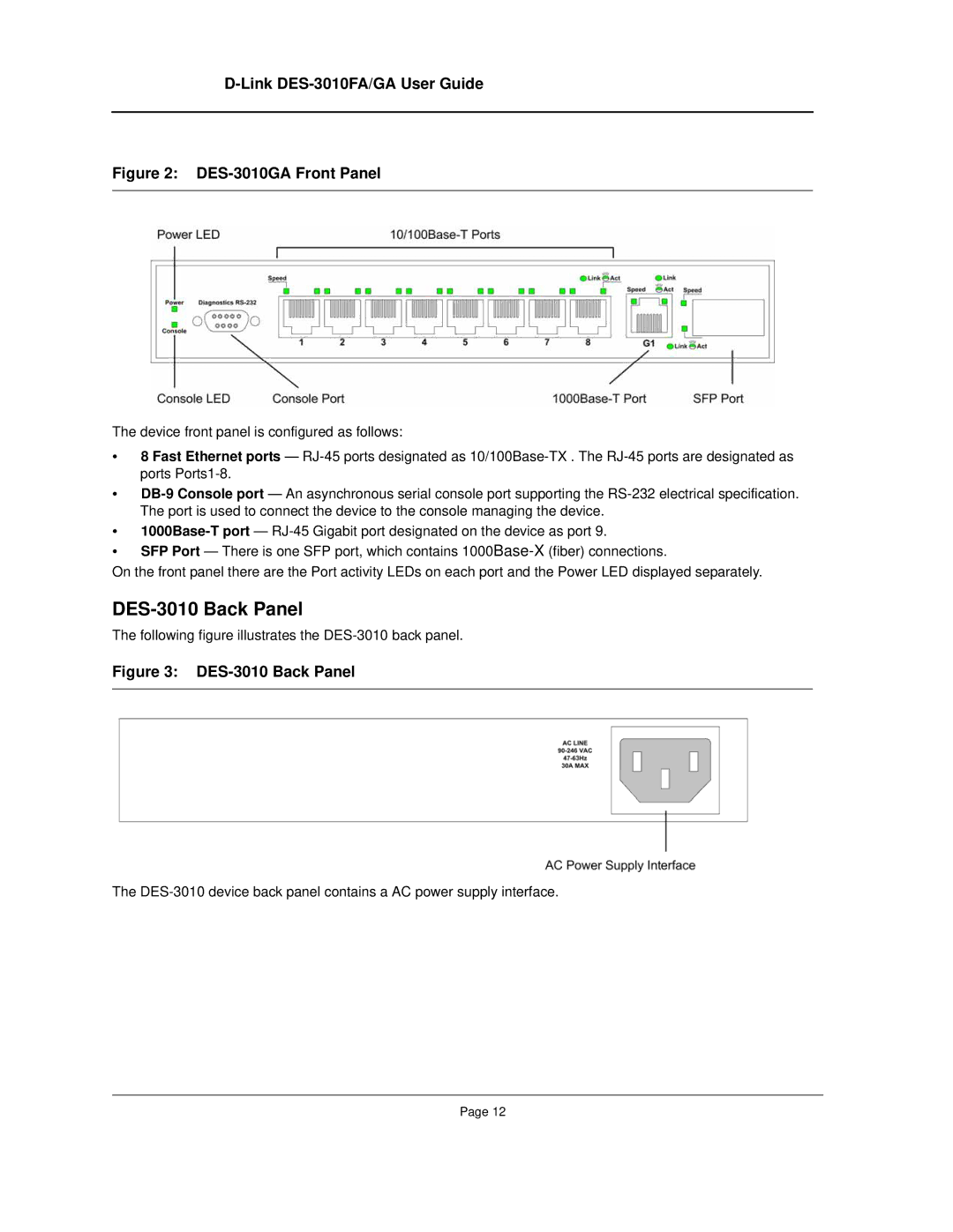 D-Link DES-3010FA/GA manual DES-3010 Back Panel, DES-3010GA Front Panel 