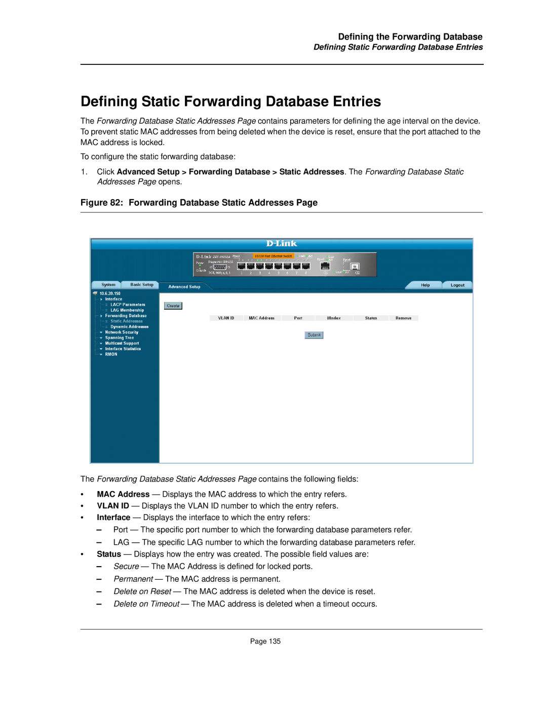 D-Link DES-3010FA/GA manual Defining Static Forwarding Database Entries, Forwarding Database Static Addresses 