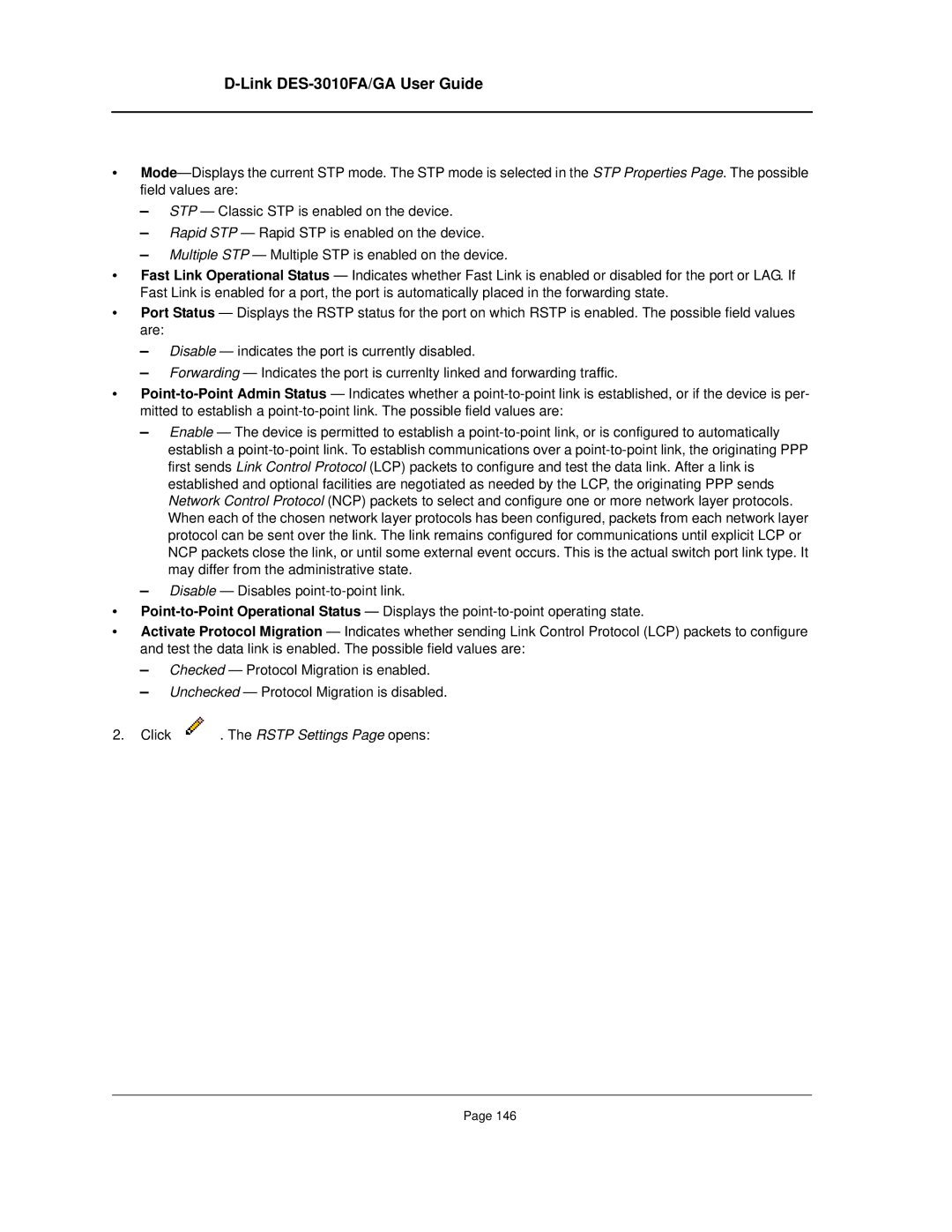 D-Link DES-3010FA/GA manual Click . The Rstp Settings Page opens 