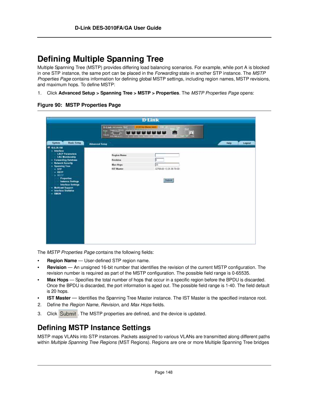 D-Link DES-3010FA/GA manual Defining Multiple Spanning Tree, Defining Mstp Instance Settings 