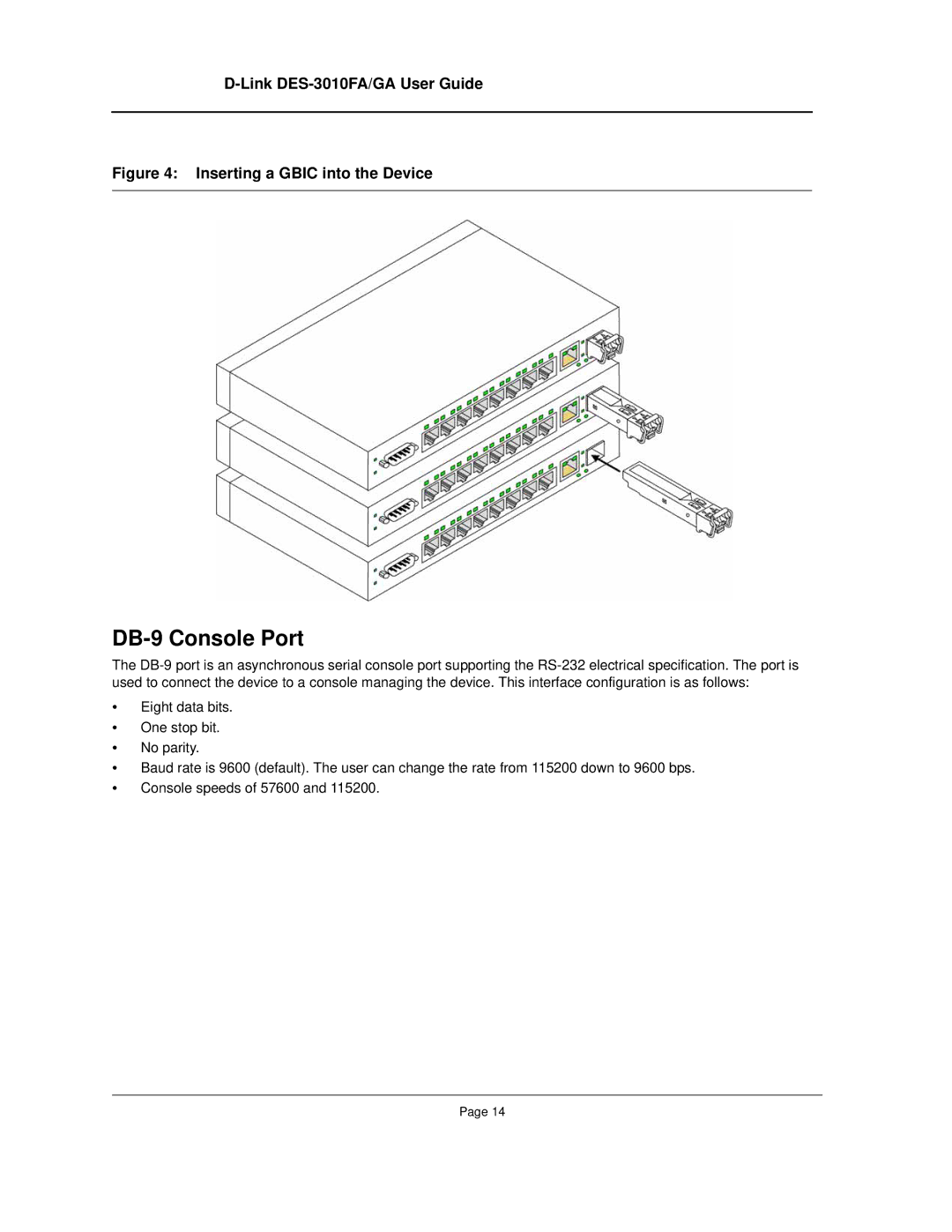 D-Link DES-3010FA/GA manual DB-9 Console Port, Inserting a Gbic into the Device 