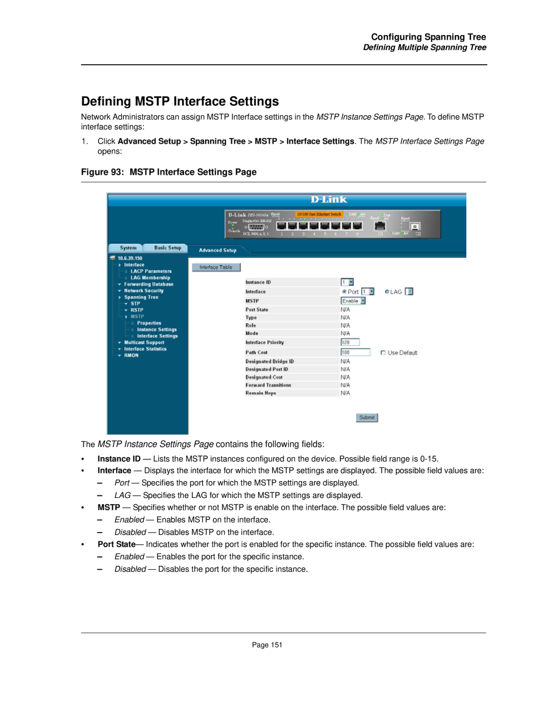 D-Link DES-3010FA/GA manual Defining Mstp Interface Settings 