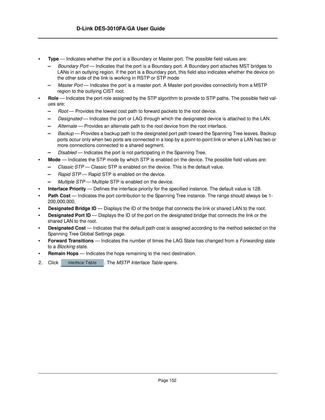 D-Link DES-3010FA/GA manual Click . The Mstp Interface Table opens 