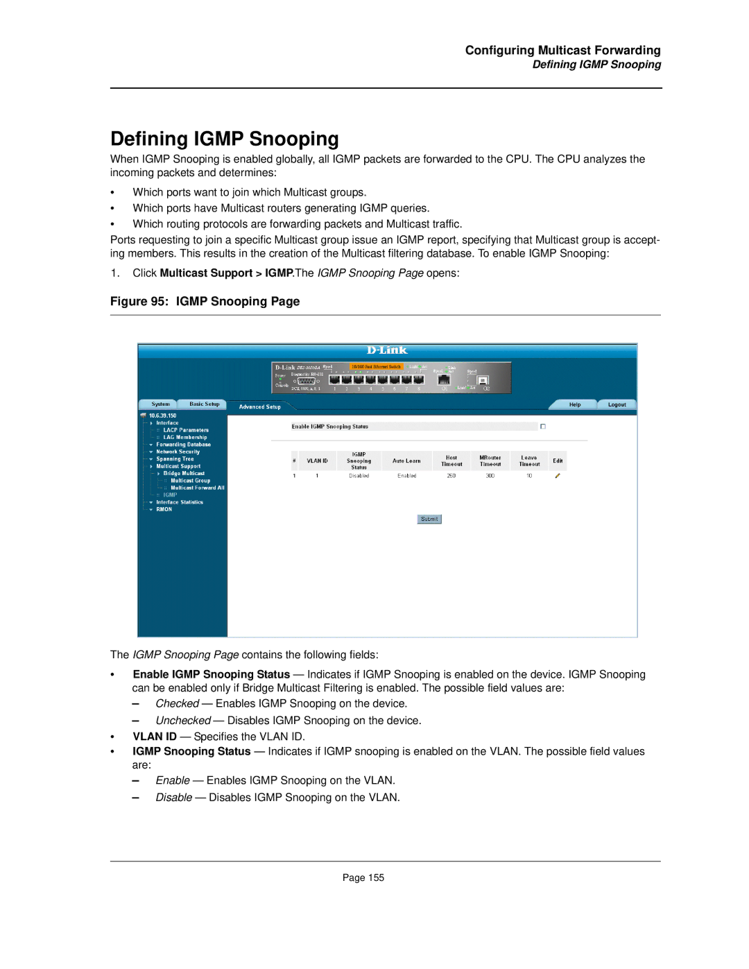 D-Link DES-3010FA/GA manual Defining Igmp Snooping, Click Multicast Support IGMP.The Igmp Snooping Page opens 