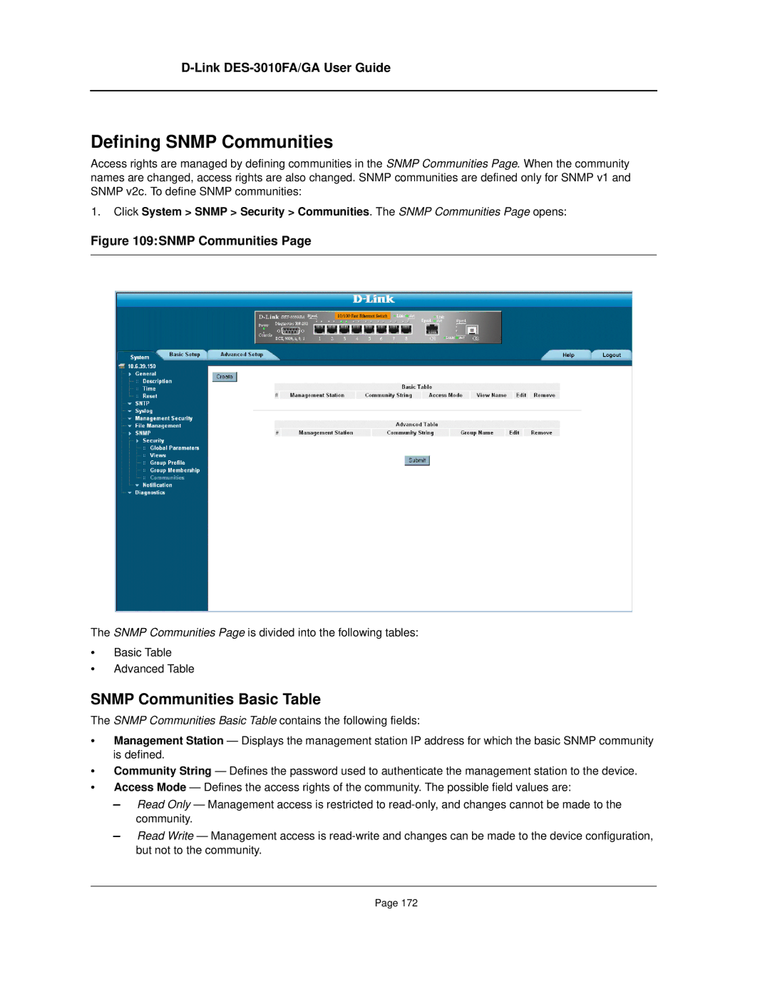 D-Link DES-3010FA/GA manual Defining Snmp Communities, Snmp Communities Basic Table 