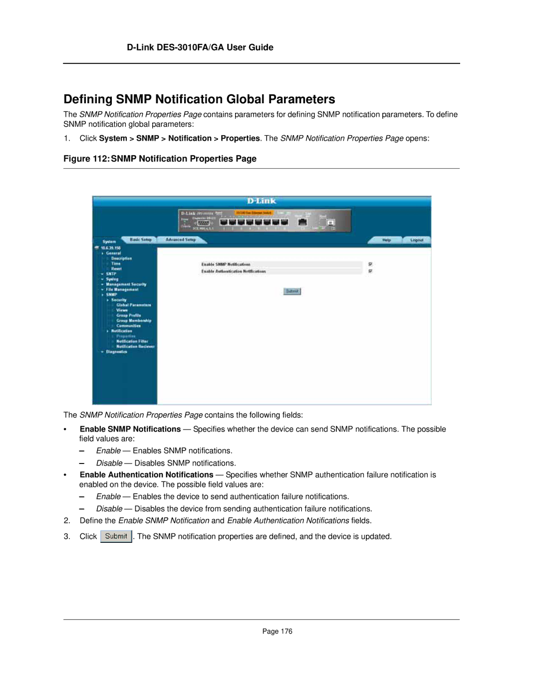 D-Link DES-3010FA/GA manual Defining Snmp Notification Global Parameters, Snmp Notification Properties 