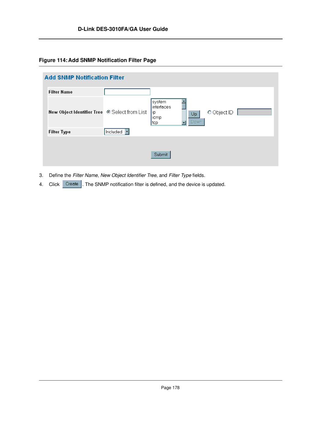 D-Link DES-3010FA/GA manual Add Snmp Notification Filter 