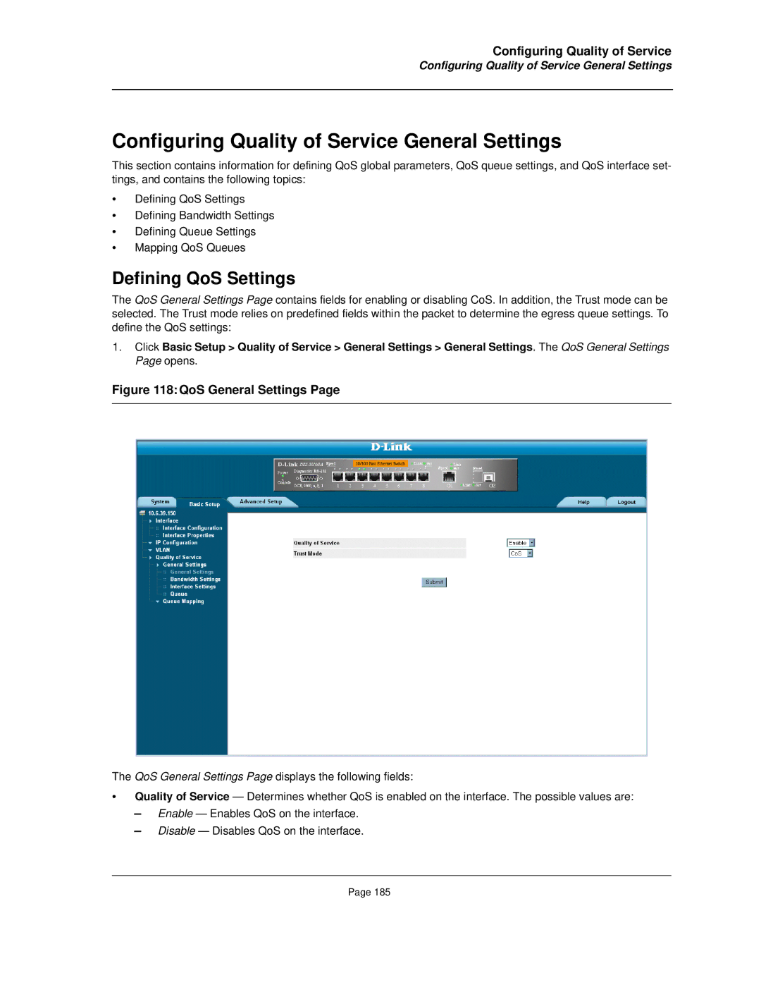 D-Link DES-3010FA/GA manual Configuring Quality of Service General Settings, Defining QoS Settings 