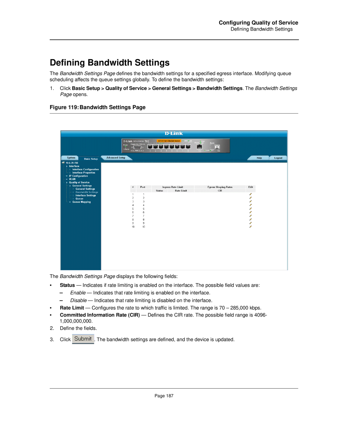 D-Link DES-3010FA/GA manual Defining Bandwidth Settings 