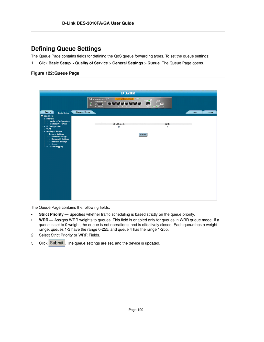 D-Link DES-3010FA/GA manual Defining Queue Settings 