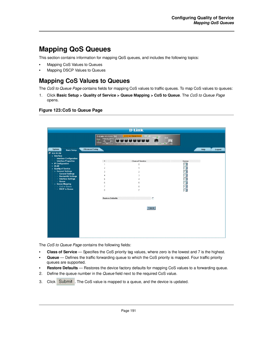 D-Link DES-3010FA/GA manual Mapping QoS Queues, Mapping CoS Values to Queues 