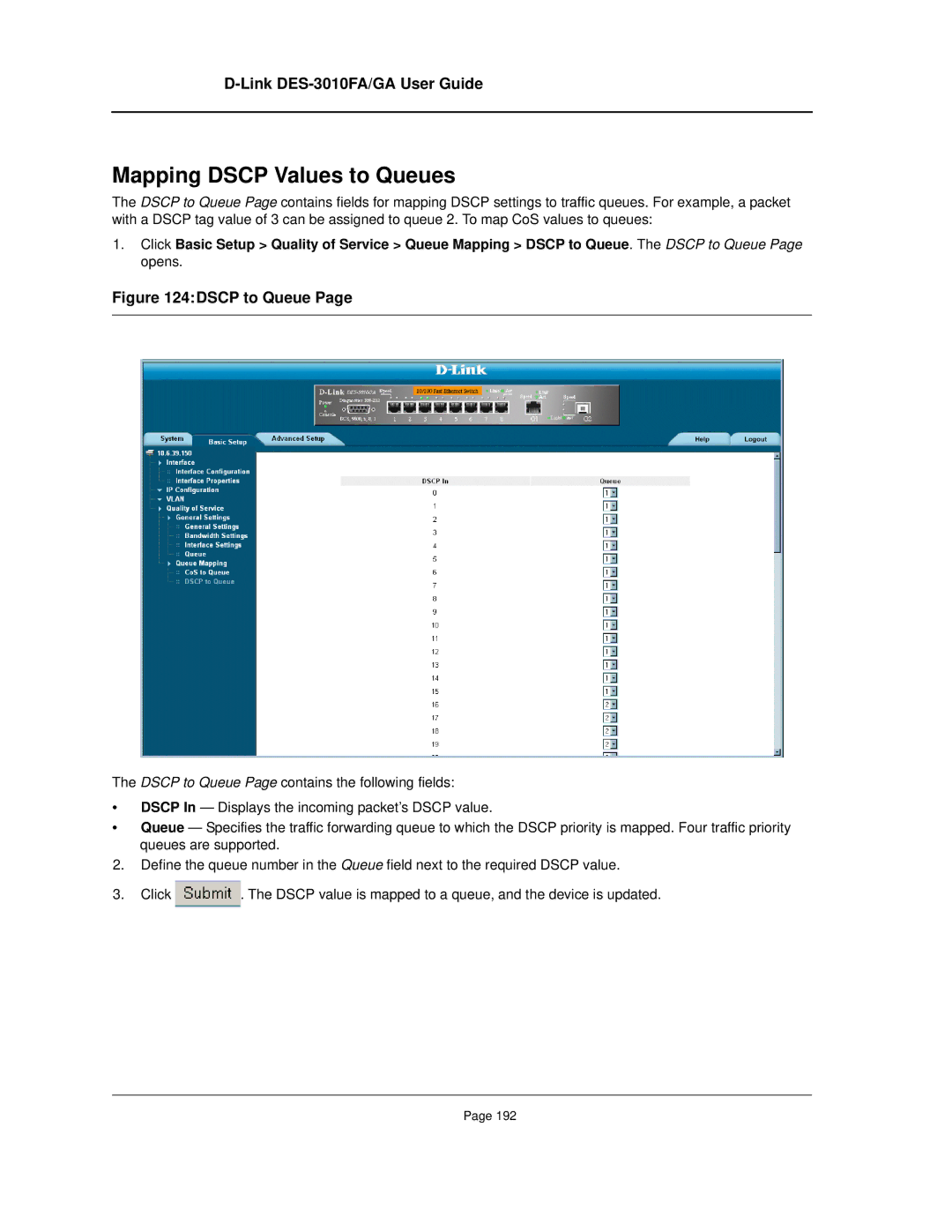 D-Link DES-3010FA/GA manual Mapping Dscp Values to Queues, Dscp to Queue 